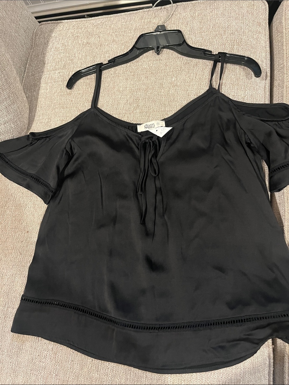glam Black Cold-Shoulder Tie-Neck Women's Blouse